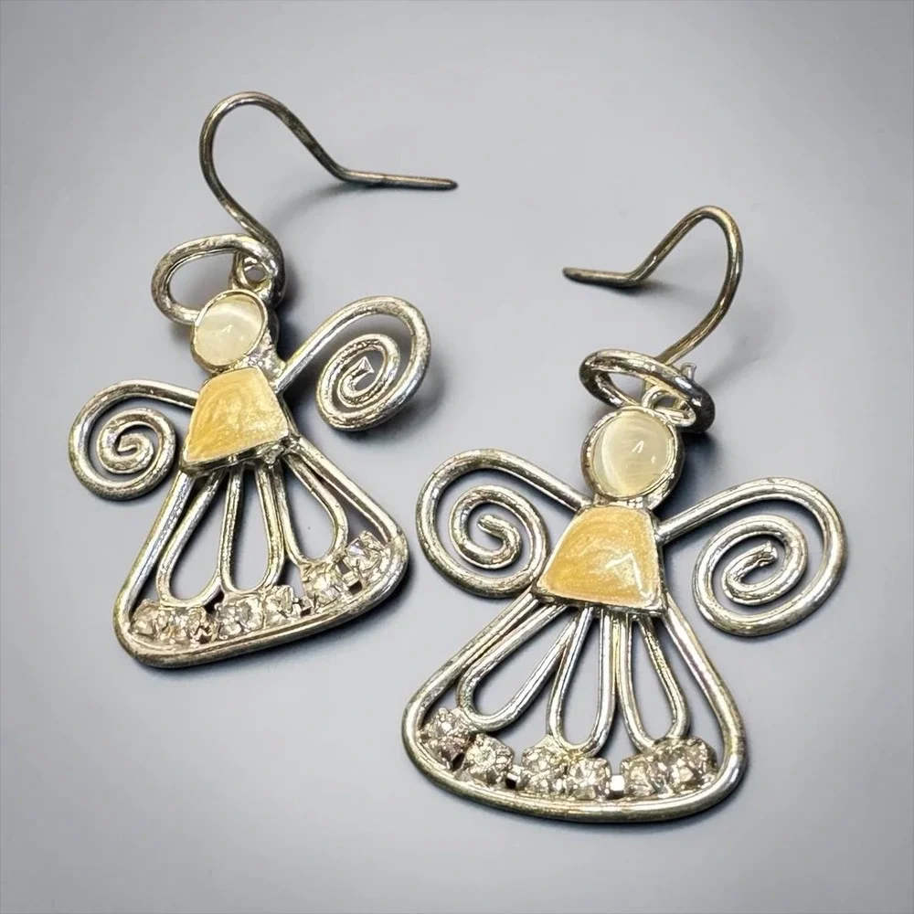 Angel Drop Earrings‎ Womens Silver Tone Yellow Enamle Clear Rhinestone Dangle
